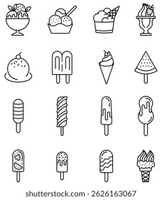 Conjunto de ícone de vetor de sorvete. Conjunto de ícones de sorvete, iogurte congelado, baunilha, chocolate, waffle cone. Ícone de sorvete clip art coleção em cone, copo, palito de picolé e doce deserto. 