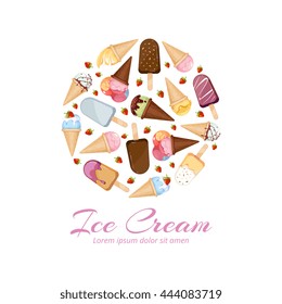 Ice cream vector icons logos set in circle design. Set of ice cream in round. Ice cream in cone waffle with strawberry illustration