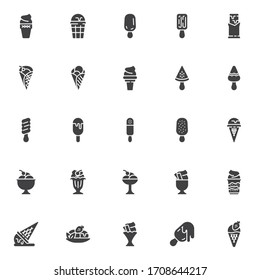 Ice cream vector icons set, modern solid symbol collection, filled style pictogram pack. Signs logo illustration. Set includes icons as sundae scoop, waffle ice cream cone, popsicle, fruit sorbet bowl