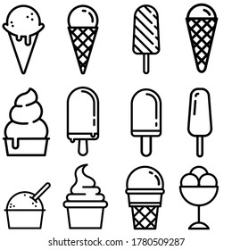 Iconos vectoriales de helado. Colección de signos de ilustración de cono de Waffle. Solo símbolo de hielo. Logo del jugo congelado.