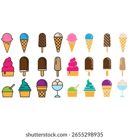 Conjunto de iconos de vector de helado. Colección de signo de ilustración de cono de gofre. Símbolo del poli de hielo. Logo de zumo congelado.