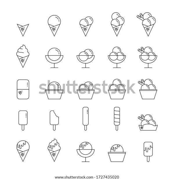 Ice cream vector icons set of 25 isolated on\
white background
