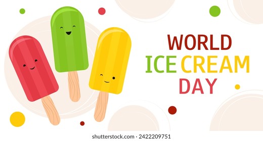 Ice crema vectorial ilustración. Caracteres de corte. Banner horizontal. Día Mundial del Helado.