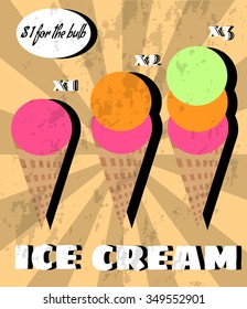  Ice cream. Vector illustration EPS10. Retro Poster with rays. 