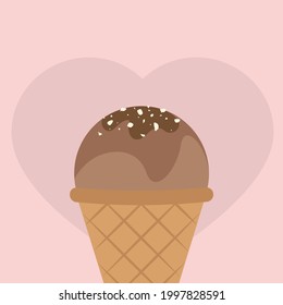 Ice cream vector illustration in flat style. One ball of waffle ice cream with chocolate and nuts in cone