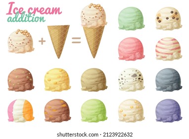 Ice cream vector illustration, icecream scoops and cone cartoon icons, vanilla chocolate mint nut chips flavors soft ice cream balls