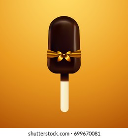Ice cream Vector illustration Icon of ice cream on stick with golden ribbon in realistic style Chocolate ice cream on yellow background