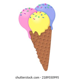 Ilustración vectorial aislada del cono de gofre de helado con 3 cucharas de helado amarillo, rosa, azul con espolvorines y goteo. La colorida imagen de verano es ideal para el diseño, la publicidad, los productos infantiles.