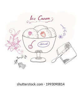 Ice cream vector illustration, line art, minimal, vintage style, decorative design