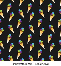 Ice cream. Vector illustration on black background. Seamless pattern. Can be used for design greeting card, invitation or banner. Flat design style. Swatch inside.