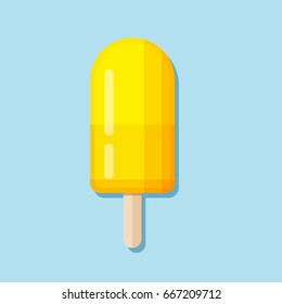 Ice cream. Vector illustration on blue background. Yellow ice on stick.