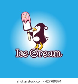 Ice cream. Vector illustration of penguin holding ice cream.