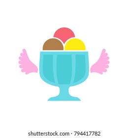 Ice cream vector Illustration. Pink cream in glass with wings. Cartoon flat Design