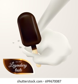 Ice cream Vector illustration Poster in realistic style with ice cream and milk splash and space for logo Classic chocolate ice cream on stick on white background