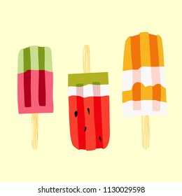 Ice cream vector illustration set. Three colorful  popsicles.  Isolated objects. 