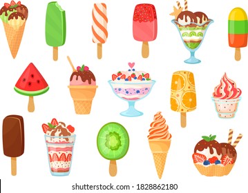 Ice crema vectorial conjunto de ilustración. Caricatura de comida dulce plana con helado de vainilla en palos de paleta de paleta o conos de gofre en trozos de chocolate, postre de fresa, fruta congelada aislada en blanco