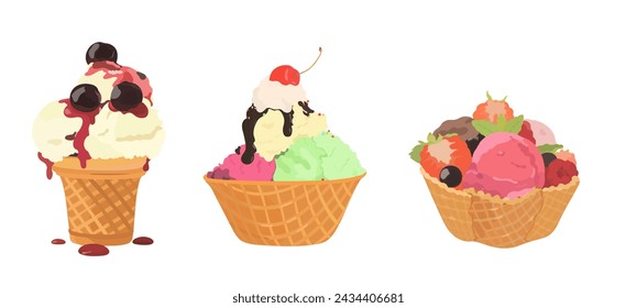 Conjunto de ilustración vectorial de helado.  Cucharadas de helado con sabores сchocolate, fresa, té verde y crema de vainilla en waffle bowl aislado sobre fondo blanco.