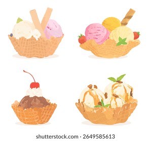 Ice cream vector illustration set. Ice cream scoops with chocolate, caramel, strawberry and vanilla cream flavours in waffle bowl. Sweets summer dessert isolated on white.