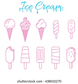 Ice cream vector illustration set. Outline icon ice-cream summer theme collection. Scoop in cone, popsicle and subdae line art doodle.