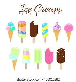 Ice cream vector illustration set. Flat style icon ice-cream summer theme collection. Colorful sweet fruit sundae and chocolate ice scoop in cone dessert.