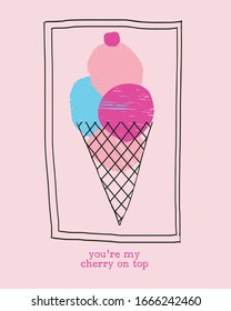 ice cream vector illustration. soft colors. cherry quote. babywear print.