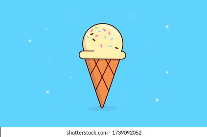 Ice cream vector - Illustration of a vanilla ice cream in cone with topping on blue background.