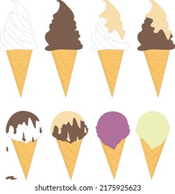 Ice cream vector illustration. Ice cream in a waffle cone. White. Chocolate. Pistachio. Fruit.
