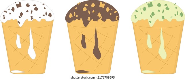Ice cream vector illustration. Ice cream in a waffle cup. White. Chocolate. Pistachio. With nuts.