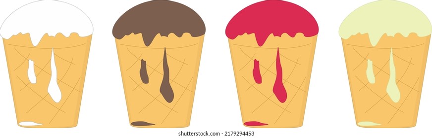 Ice cream vector illustration. Ice cream in a waffle cup. White. Chocolate. Pistachio.  Fruit.