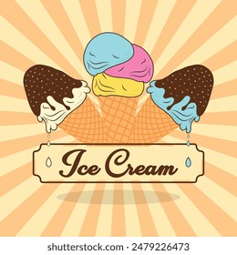 Ice cream vector illustration with waffle cones on a beautiful background