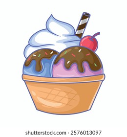 Ice cream vector illustration. Ice cream in waffle basket with whipped cream and cherry.	
