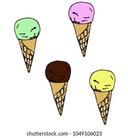 Ice cream. Vector image. Pink, chocolate, green, yellow. Waffle cone.