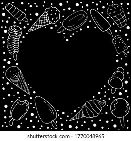 Ice cream. Vector isolated illustration with ice cream, fruit, waffle ice cream on a black background.  Printing on dishes, fabrics, and clothing. Doodle style.   Different types of ice cream.