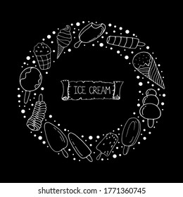 Ice cream. Vector isolated illustration with ice cream, waffle ice cream on a black background.  Printing on dishes, fabrics, and clothing. Doodle style.  Different types of ice cream.