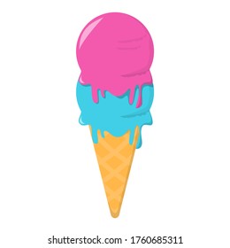 Ice cream vector isolated. Sweet cold dessert, mint and berry taste. Colorful frozen snack, delicious food. Blue and pink colors.