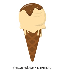 Ice cream vector isolated. Sweet cold dessert, vanilla taste. Colorful frozen snack with brown chocolate cream topping.