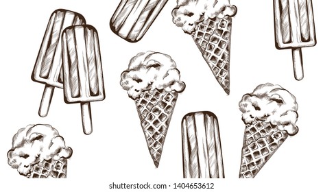 Ice cream Vector line art. Delicious summer sweets pattern illustration