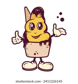 Ice Cream vector logo. Gelato Mascot character design. Illustration for shop. Sweet cartoon cone