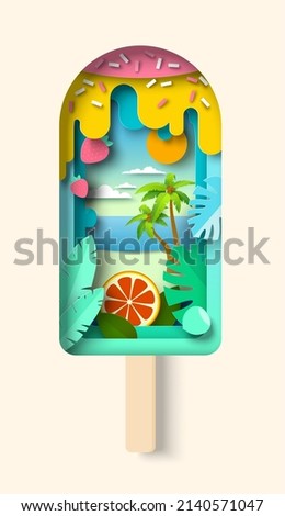 Ice cream vector. Paper cut design. Summer food, beach dessert art style. Vacation and travel symbol. Cold frozen sweet meal. Craft origami