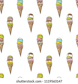 Ice cream vector pattern bright colors. Pink, yellow, purple, mauve, green, chocolate, vanilla, lemon ice cream, ice cream cone