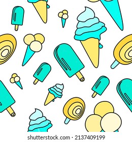 Ice cream vector pattern illustration in yellow and blue colours on white background 