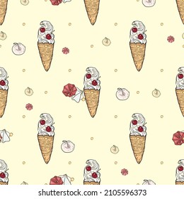 Ice cream vector pattern on a colored background. Seamless illustration of dessert as a blank for designers, logo, icon