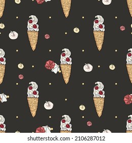 Ice cream vector pattern on a colored background. Seamless illustration of dessert as a blank for designers, logo, icon