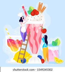 Ice cream vector poster and illustration. Summer fresh ice cocktail. Gelato dessert in a glass.