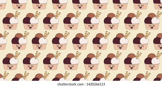 Ice cream vector seamless pattern with different colors. Chocolate ice cream balls with wafers . - Vector