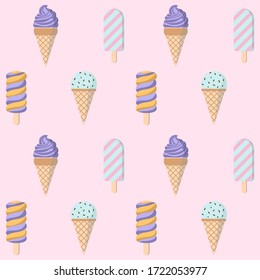 Ice cream vector seamless pattern on pink background. Trendy flat illustration for textile design, packaging and wrapping paper.