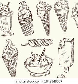 Ice cream Vector seamless pattern with food hand drawn doodles.