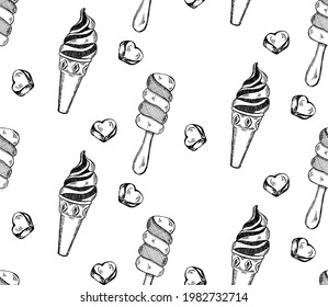 Ice cream vector seamless pattern. Black and white summer background for textile, fabric, wallpaper design.