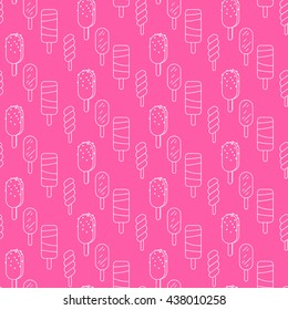 Ice cream vector seamless pattern. Summer ice dessert collection. Waffle cone, popsicle and sundae line art icon background for wrap and textile. White on hot pink.