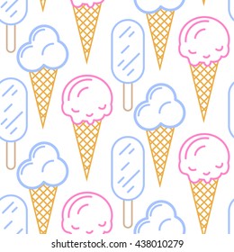 Ice cream vector seamless pattern. Summer ice dessert collection. Waffle cone, popsicle and sundae line art icon background for wrap and textile.